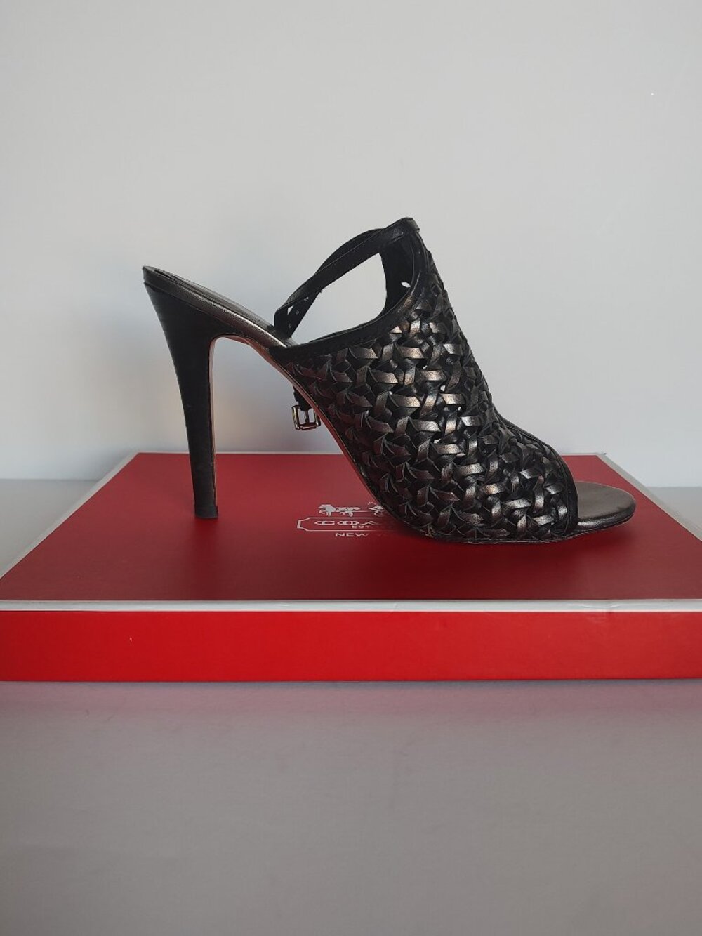 Coach Pewter Black Peep Toe Ankle Strap Leather Heels 4” Heel Size 9M Evening